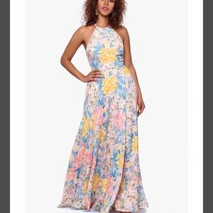BETSY & ADAM Long Halter Wrap Burnout Print Dress